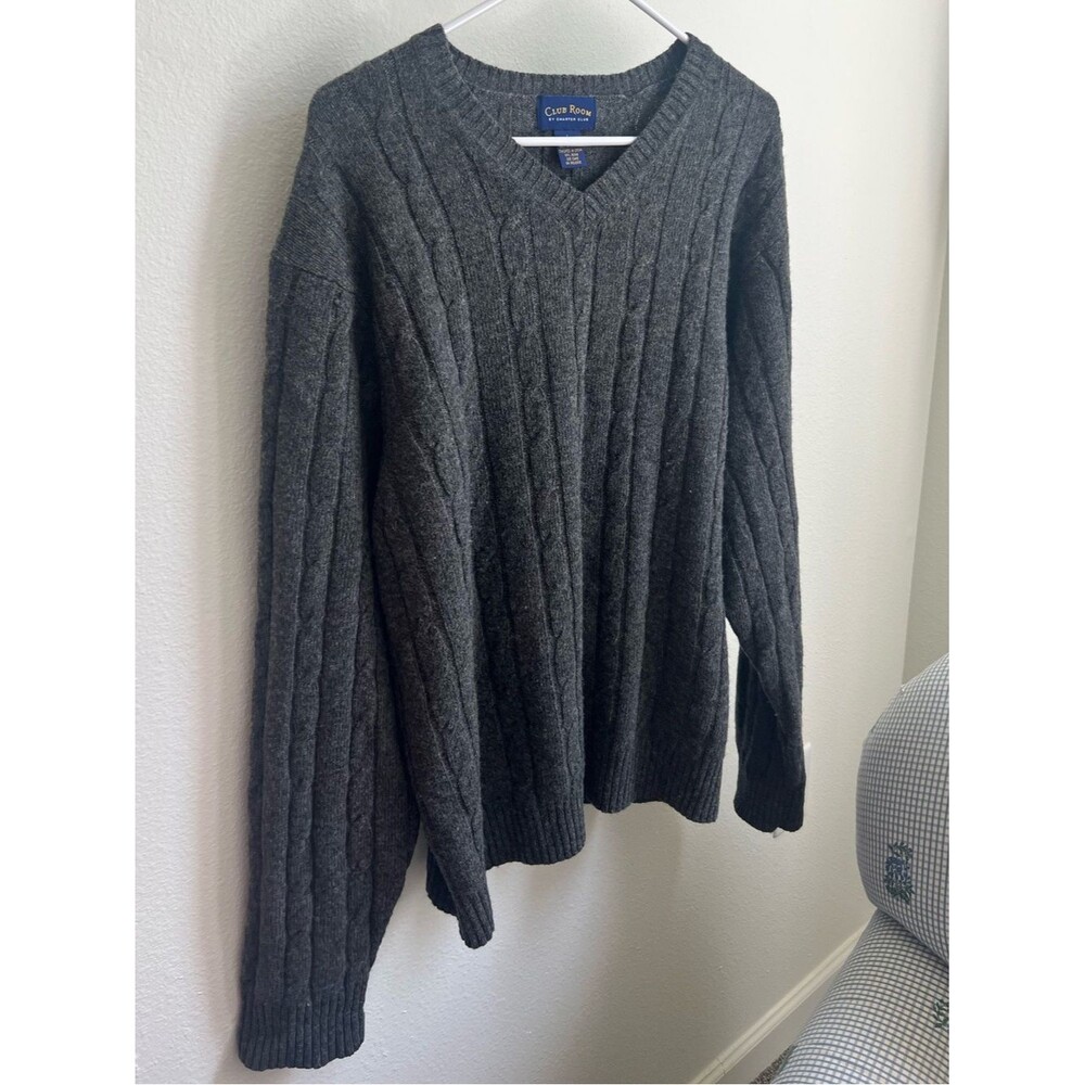 Club Room Men's 100% Lambswool V-Neck Cable Knit Sweater